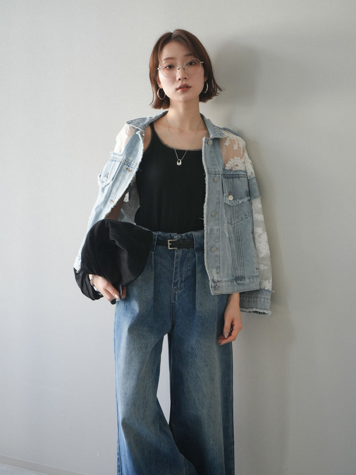 [SET]レース切替デニムジャケット+タックベルトループデニムパンツ(2set)