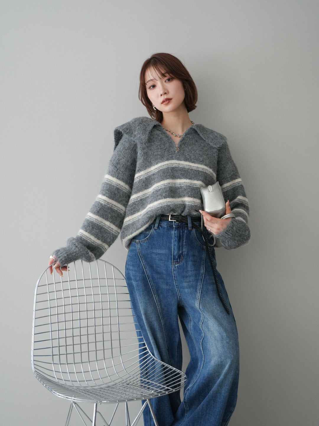 [予約]ハーフジップボーダーニットプルオーバー/gray