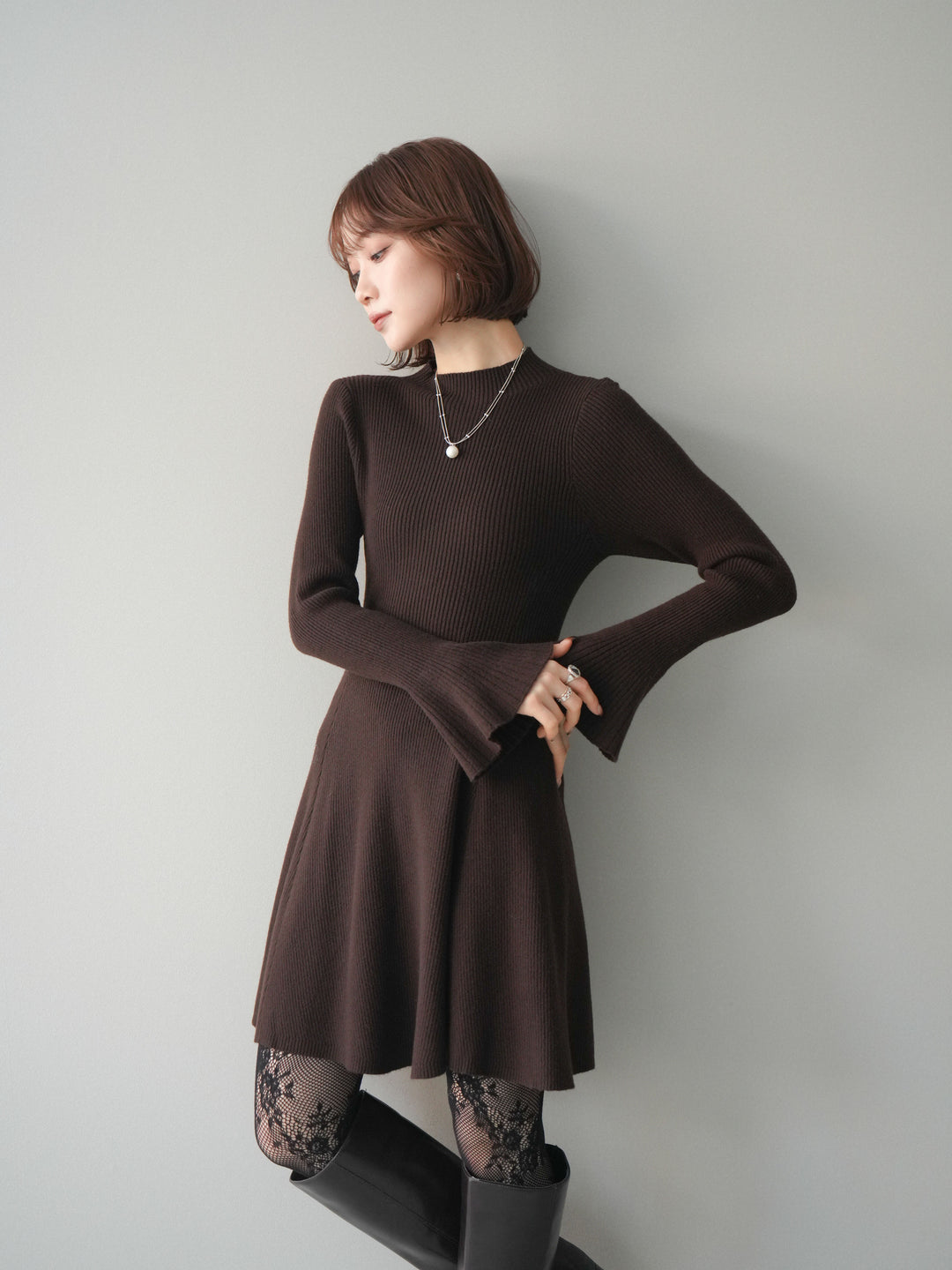 [予約]フレアリブニットミニワンピース/brown