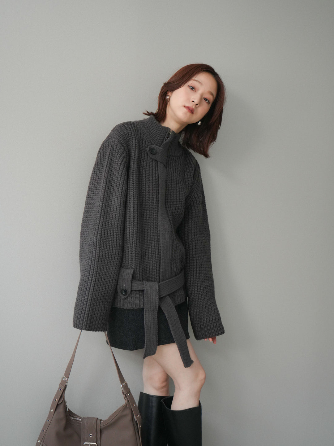 [SET]畦編みボトルネックZIPニットカーディガン+ウールタッチベルト付ミニスカート(2set)