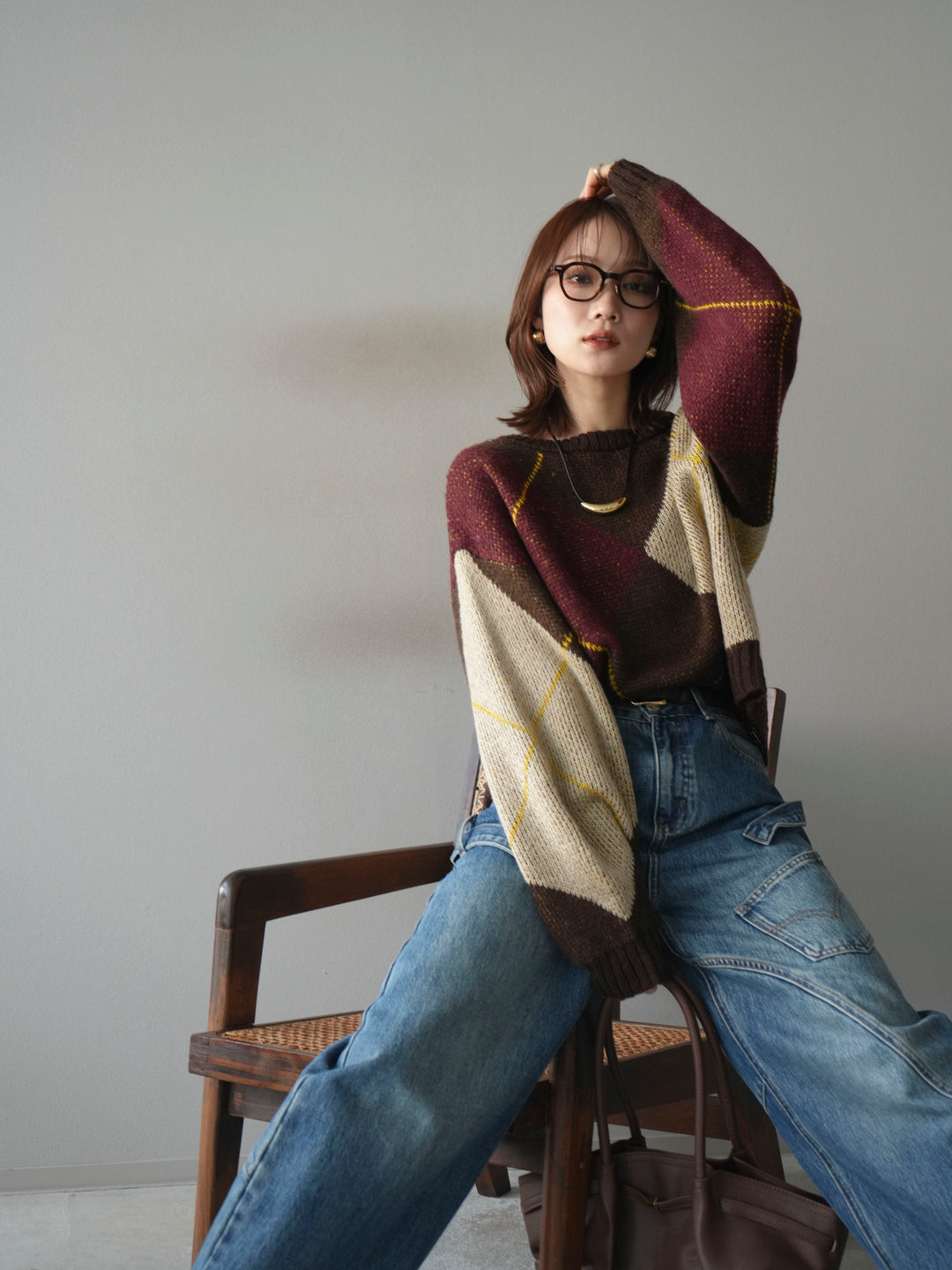 [予約]配色ステッチアーガイル柄ニットプルオーバー/brown