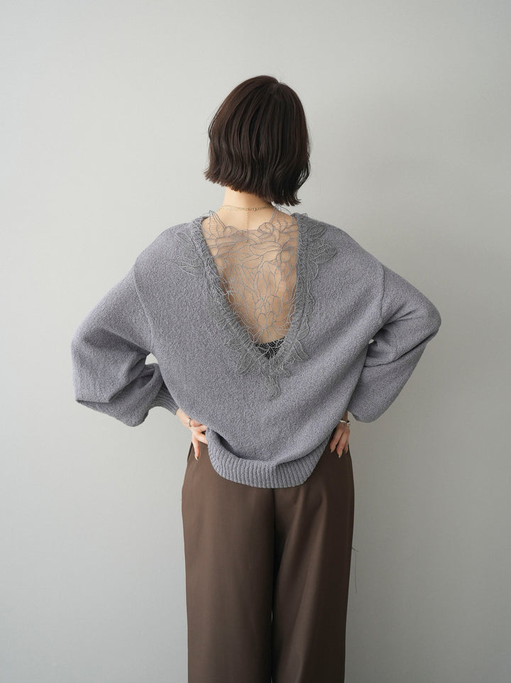 [予約]バックシアーフラワーレースニットプルオーバー/gray