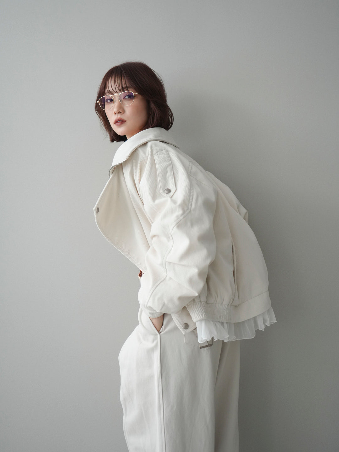 [予約]コーデュロイライダース裾レースブルゾン/offwhite