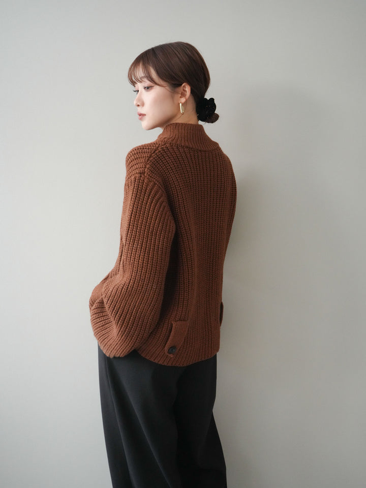 [SET]畦編みボトルネックZIPニットカーディガン+ベルト付裏起毛センターシームカーブパンツ(2set)