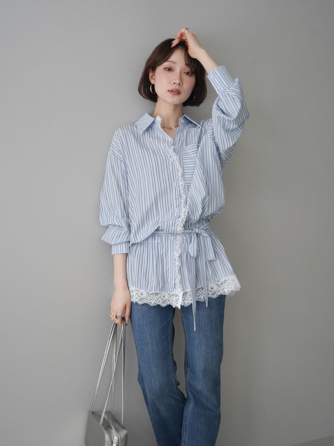 [SET]レース付ストライプウエストギャザーシャツ+フリンジデザインセミフレアデニム(2set)