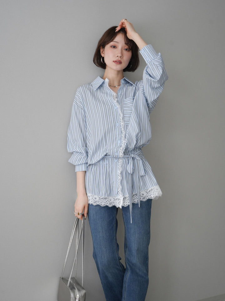[SET]レース付ストライプウエストギャザーシャツ+フリンジデザインセミフレアデニム(2set)