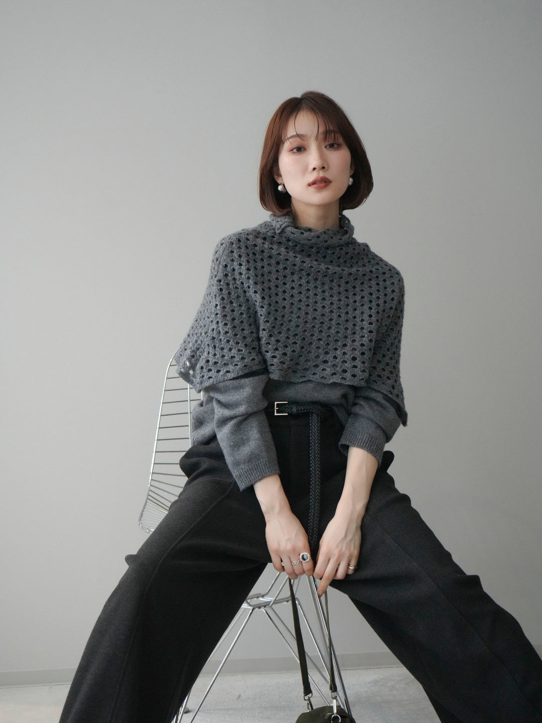 [予約]メッシュケープアンサンブルニットプルオーバー/darkgray