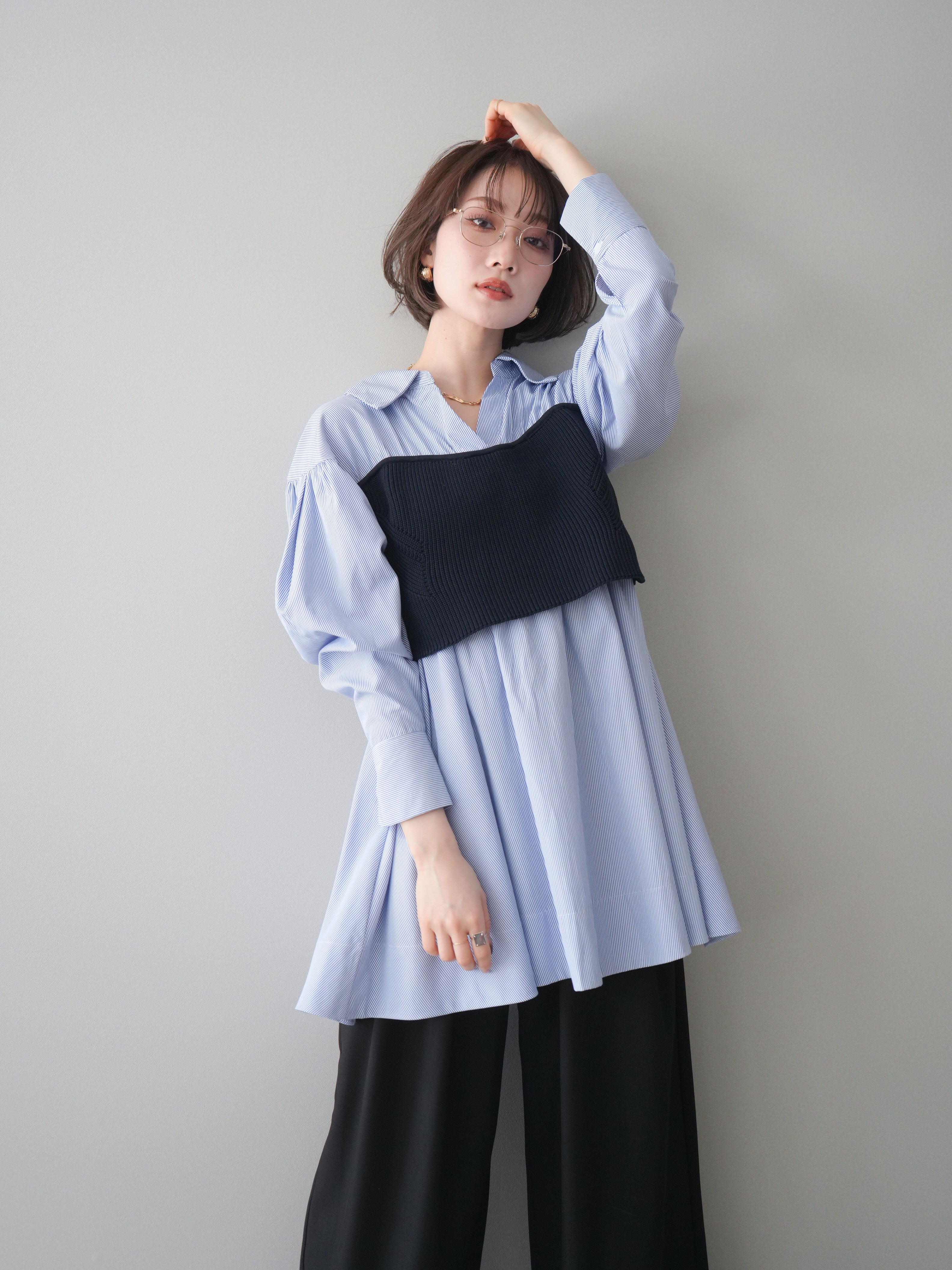 予約]ニットビスチェドッキングフレアシャツチュニック/stripe – Lumier