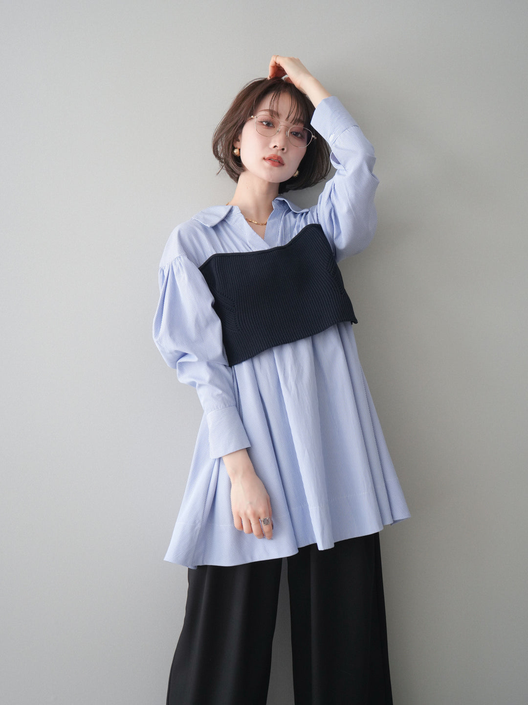 [予約]ニットビスチェドッキングフレアシャツチュニック/stripe