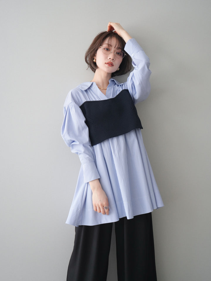 [予約]ニットビスチェドッキングフレアシャツチュニック/stripe