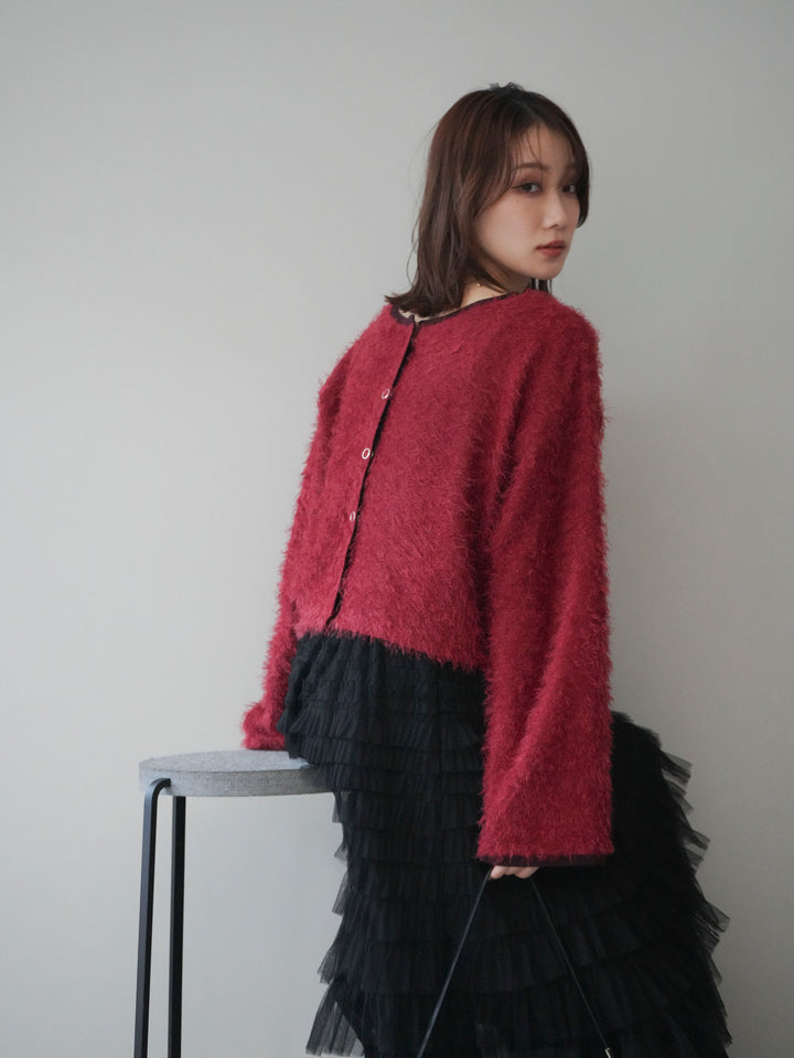 [予約]バイカラー2WAYシャギーニットカーディガン/red