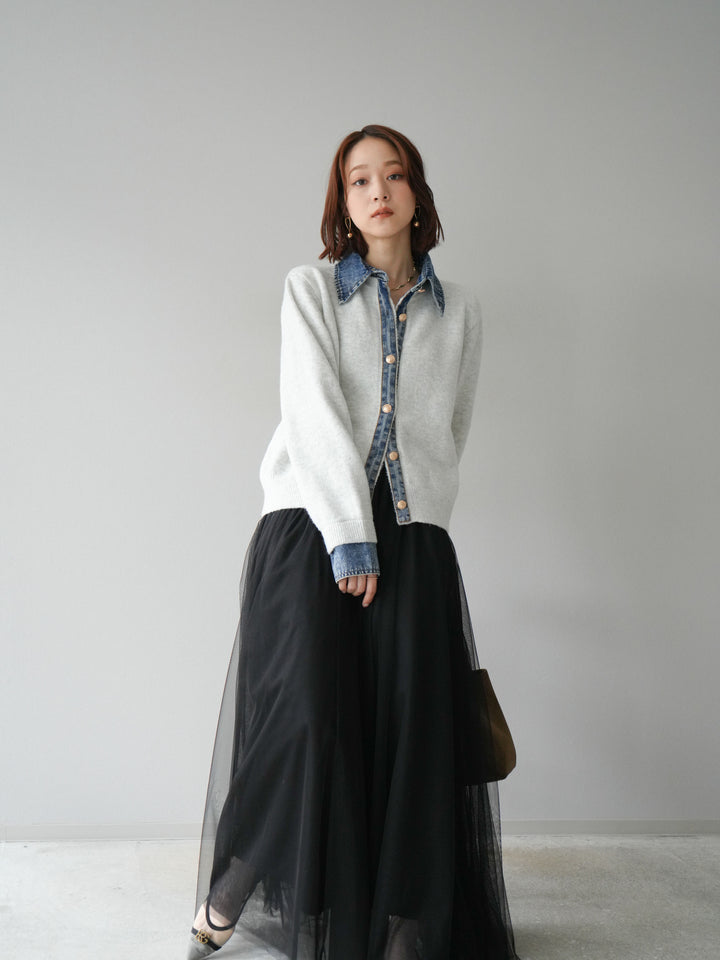 [SET]デニム襟ボタンニットカーディガン+チュールボリュームスカート(2set)