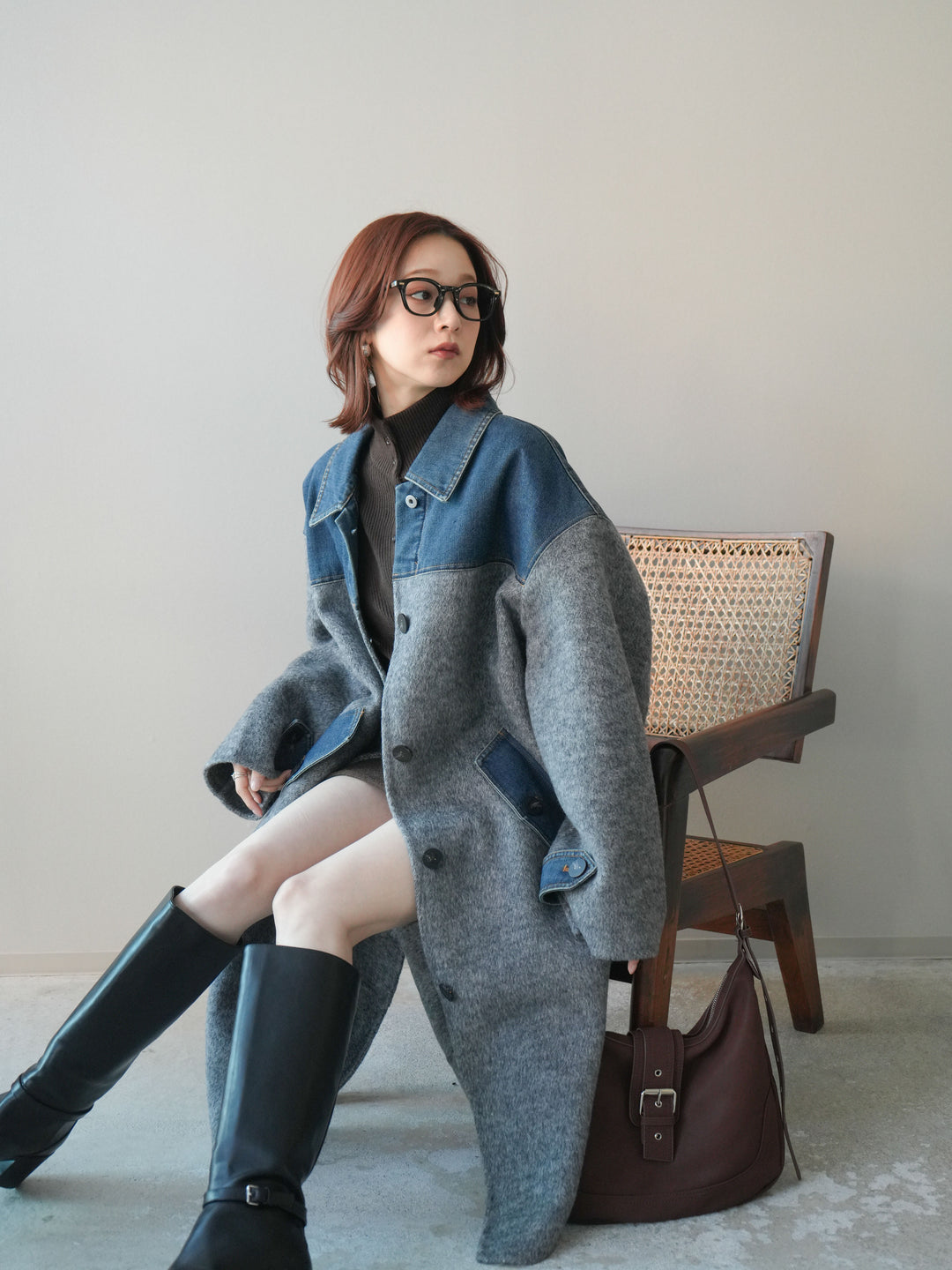 [SET]デニム切替シャギーステンカラーコート+ウールタッチベルト付ミニスカート(2set)