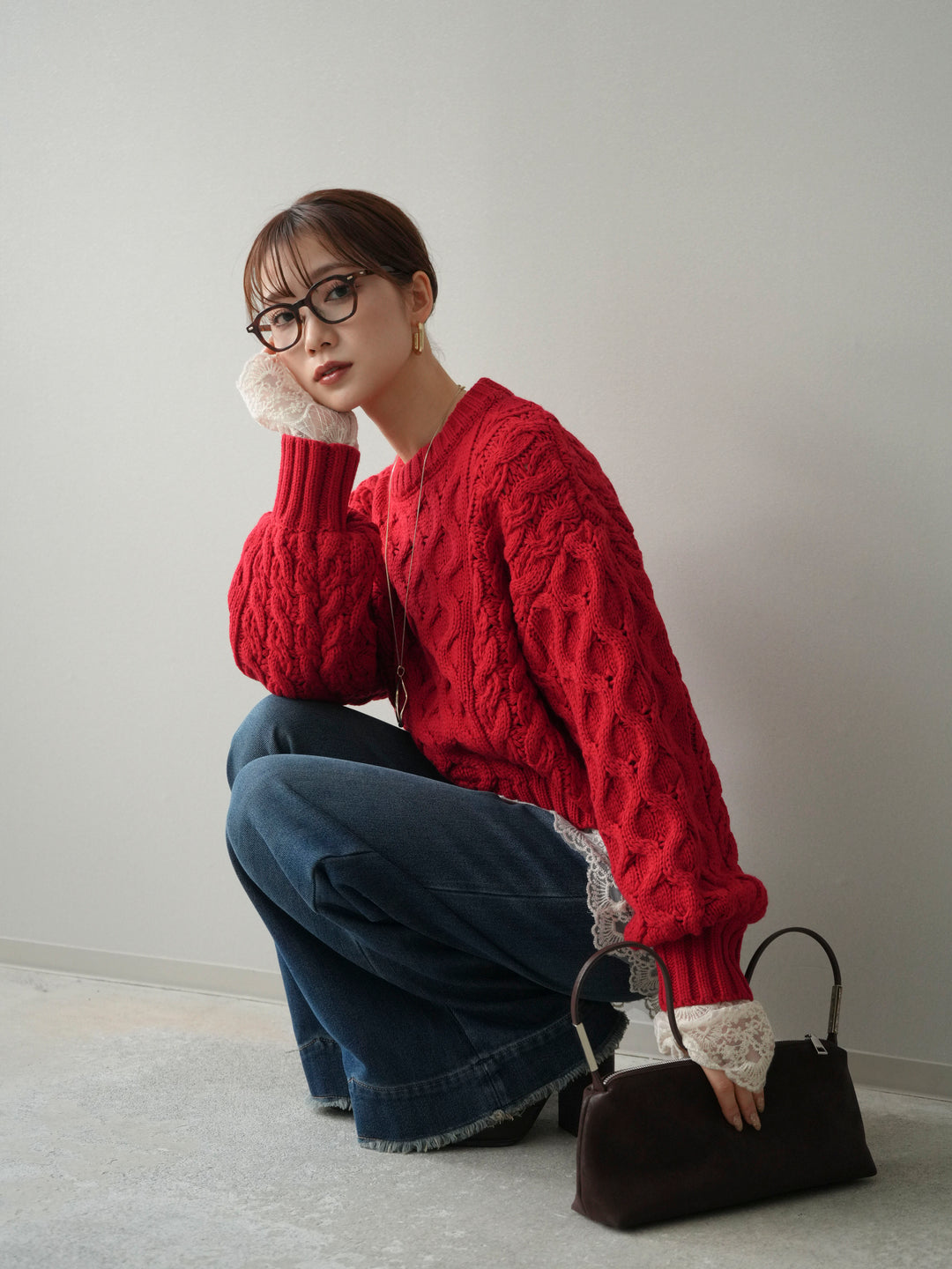 【着回しセット】[SET]バルキーケーブルクロップドニットプルオーバー+アンゴラタッチクルーネックニットプルオーバー+チュールレーストップス(3set)