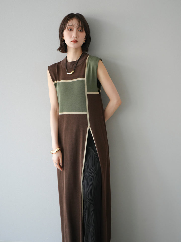 [SET] 配色開衩針織洋裝 + 波浪滾邊休閒褲 (2件套)