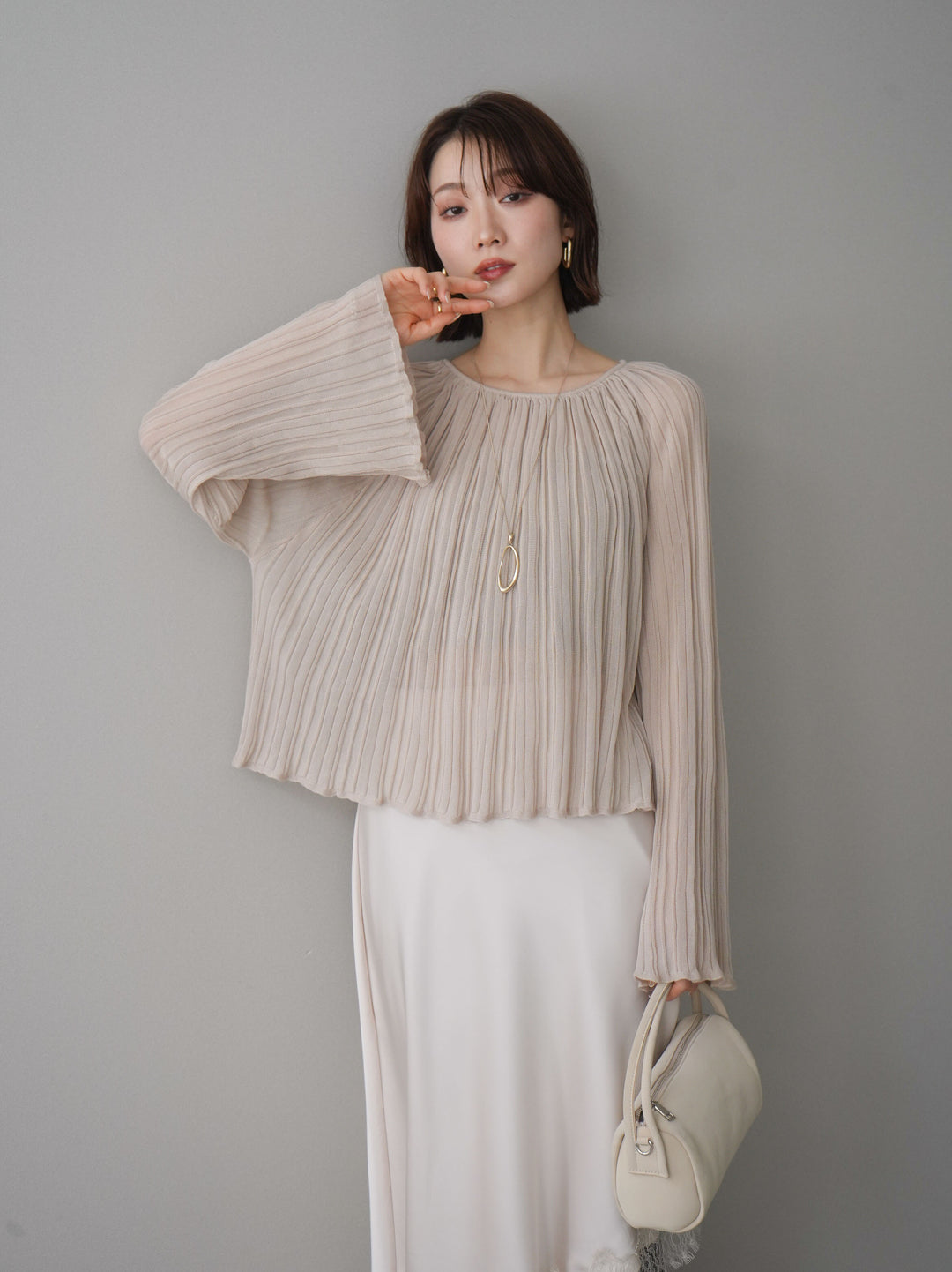 [予約]プリーツシアーフレアスリーブニットトップス/beige