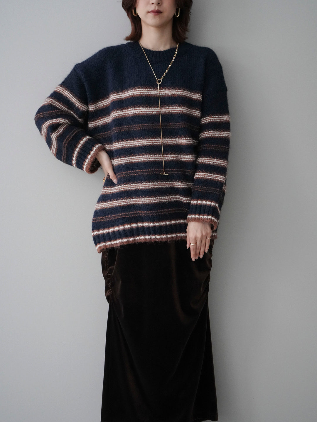 [SET]ステッチボーダーニットプルオーバー+選べるアクセセット(2set)