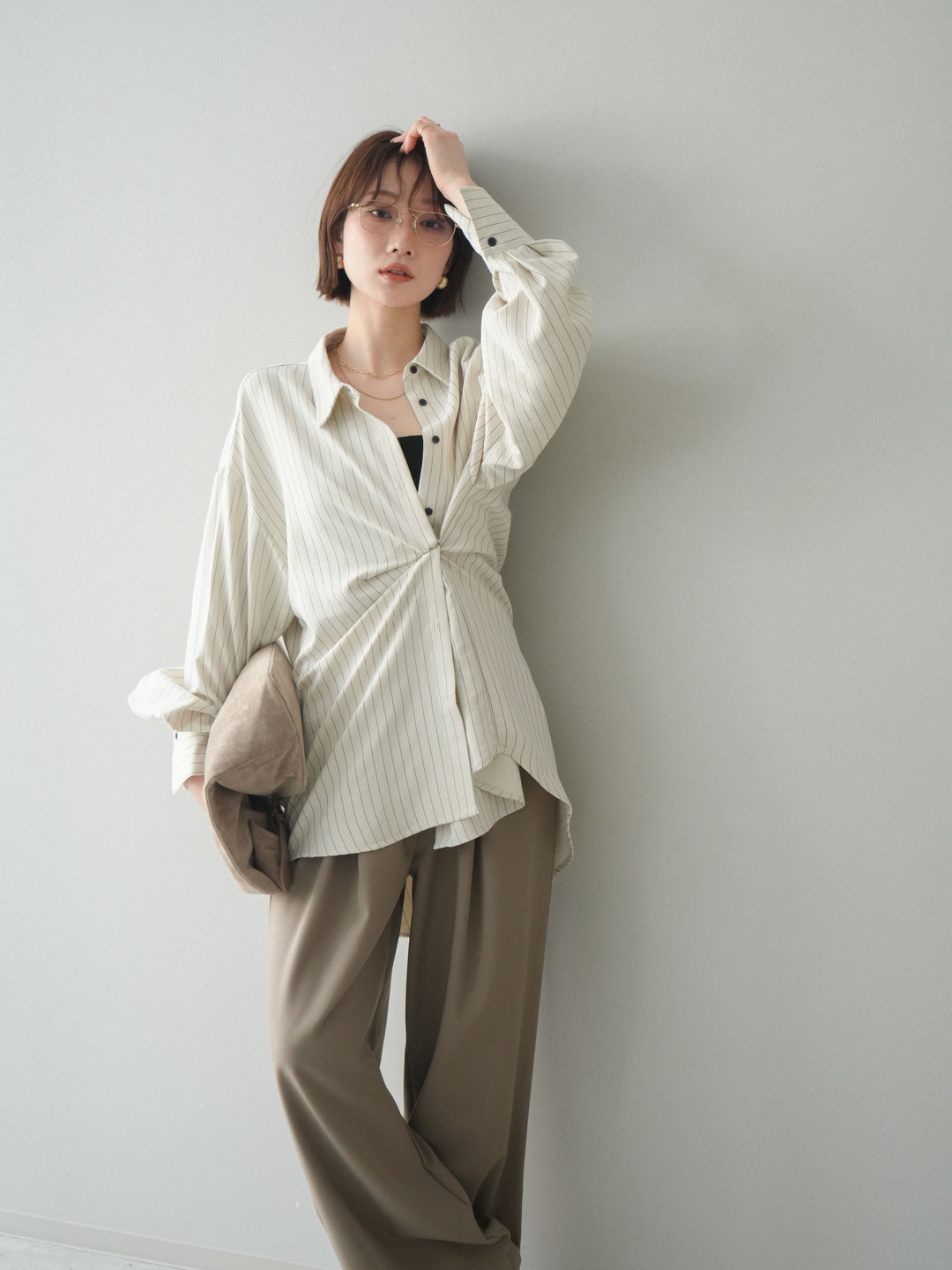 [SET]2WAYカシュクールストライプブラウス+ベルト付キーホルダーモチーフワイドパンツ(2set)