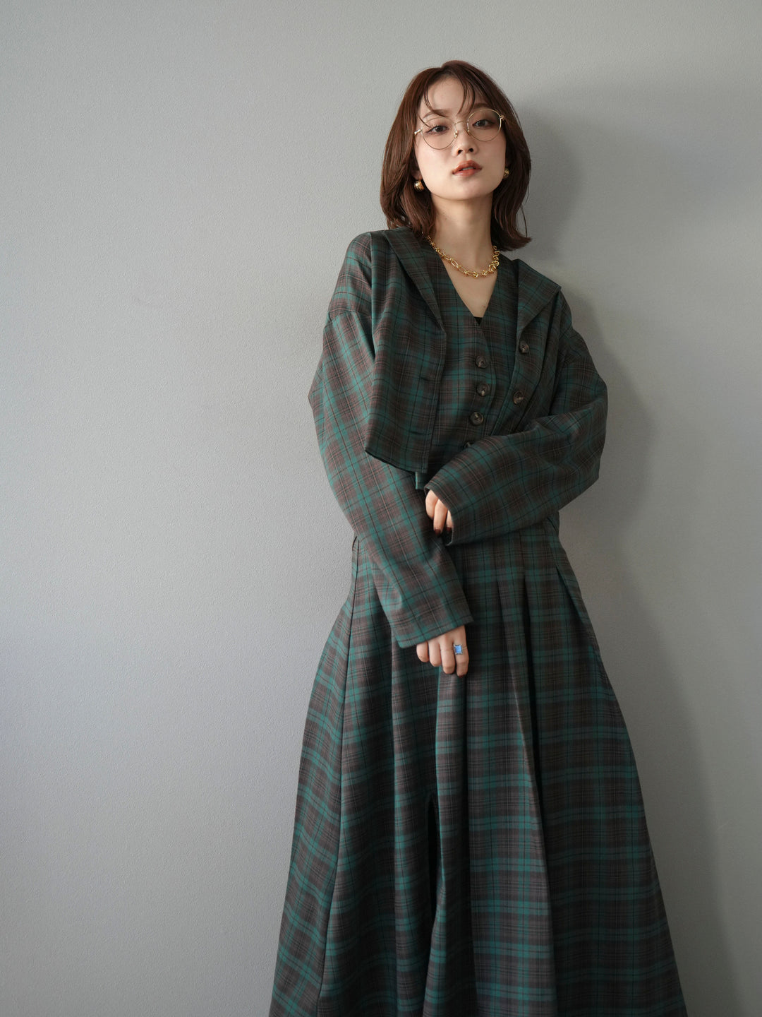 [SET]チェック柄ショートジャケット+チェック柄ベスト+チェック柄タックフレアスカート(3set)