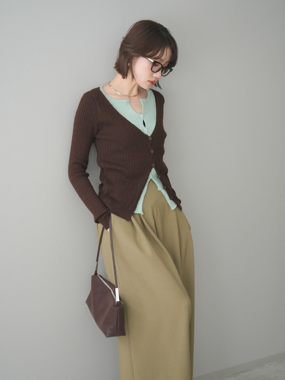 [予約]バイカラーレイヤードニットカーディガン/brown