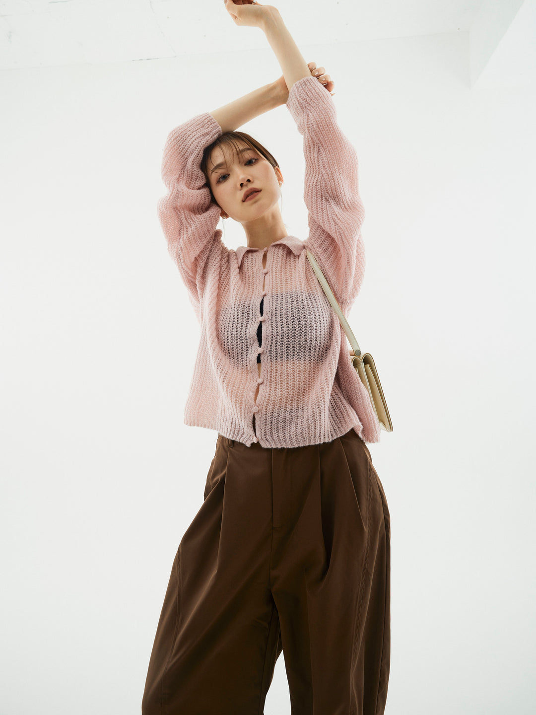 【Allure】[SET]起毛片畦編みシアーポロニット+タフタワイドカーブパンツ(2set)