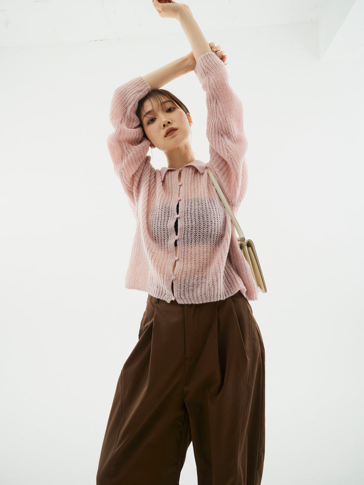 【Allure】[SET]起毛片畦編みシアーポロニット+タフタワイドカーブパンツ(2set)