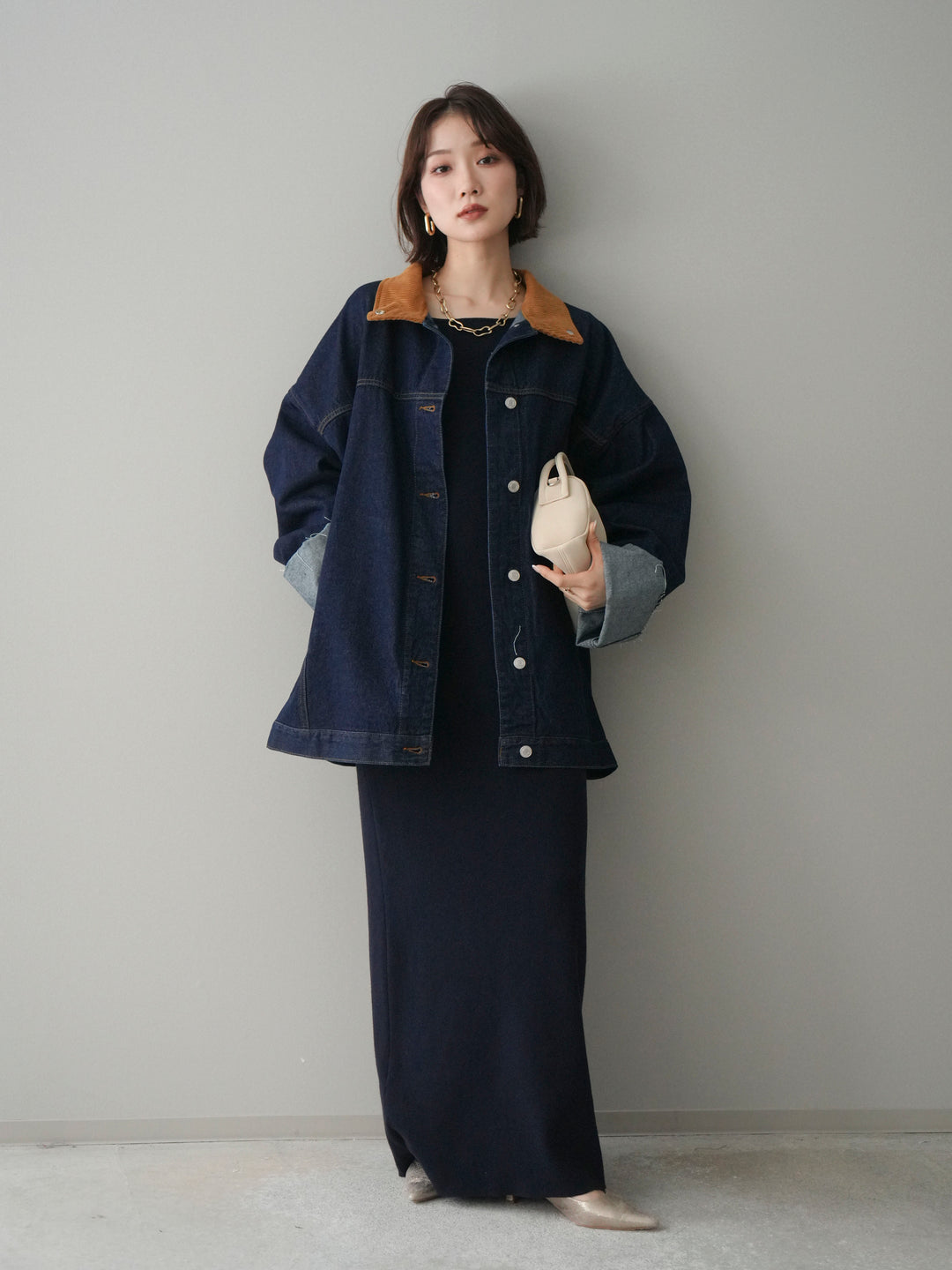 [SET]2WAYニットワンピース+コーデュロイ×デニムミドルジャケット(2set)