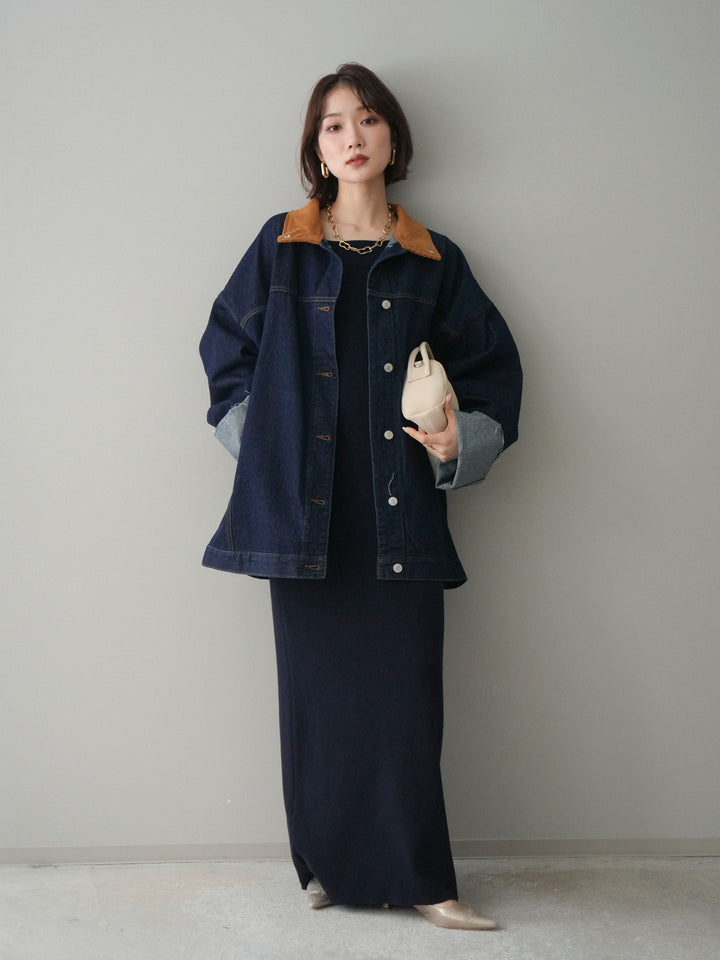[SET]2WAYニットワンピース+コーデュロイ×デニムミドルジャケット(2set)