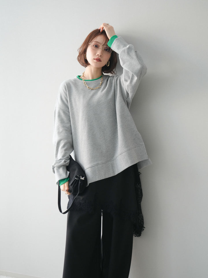 [SET]配色レイヤードデザインスエットプルオーバー+アシンメトリーサテンレースキャミソール(2set)