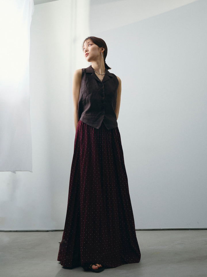 [SET]リネンライクテーラードジレ+ラインストーンプリーツスカート(2set)