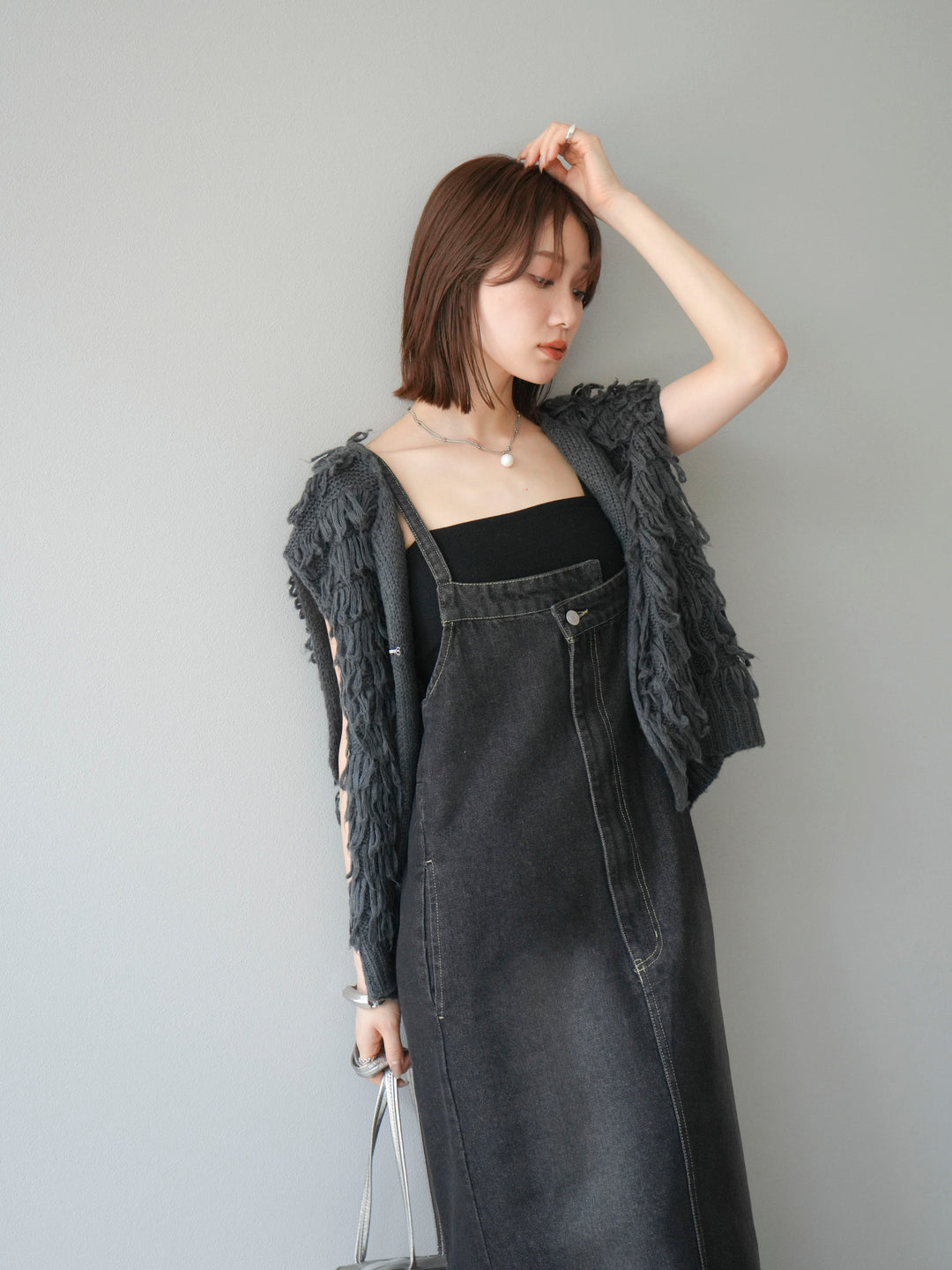 [SET]ループデザインベスト+アシンメトリーデニムワンピース(2set)