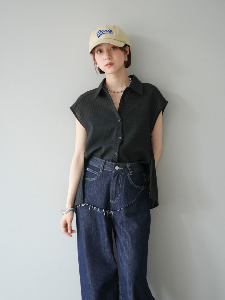 [SET] 透視格紋無袖襯衫 + 臀部設計牛仔褲（2 套）