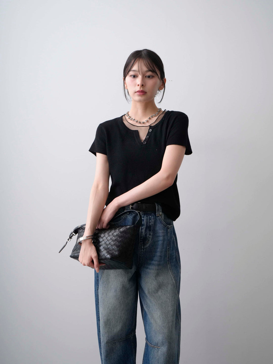 [予約]チュールレーヤードヘンリーフレンチニットトップス/black