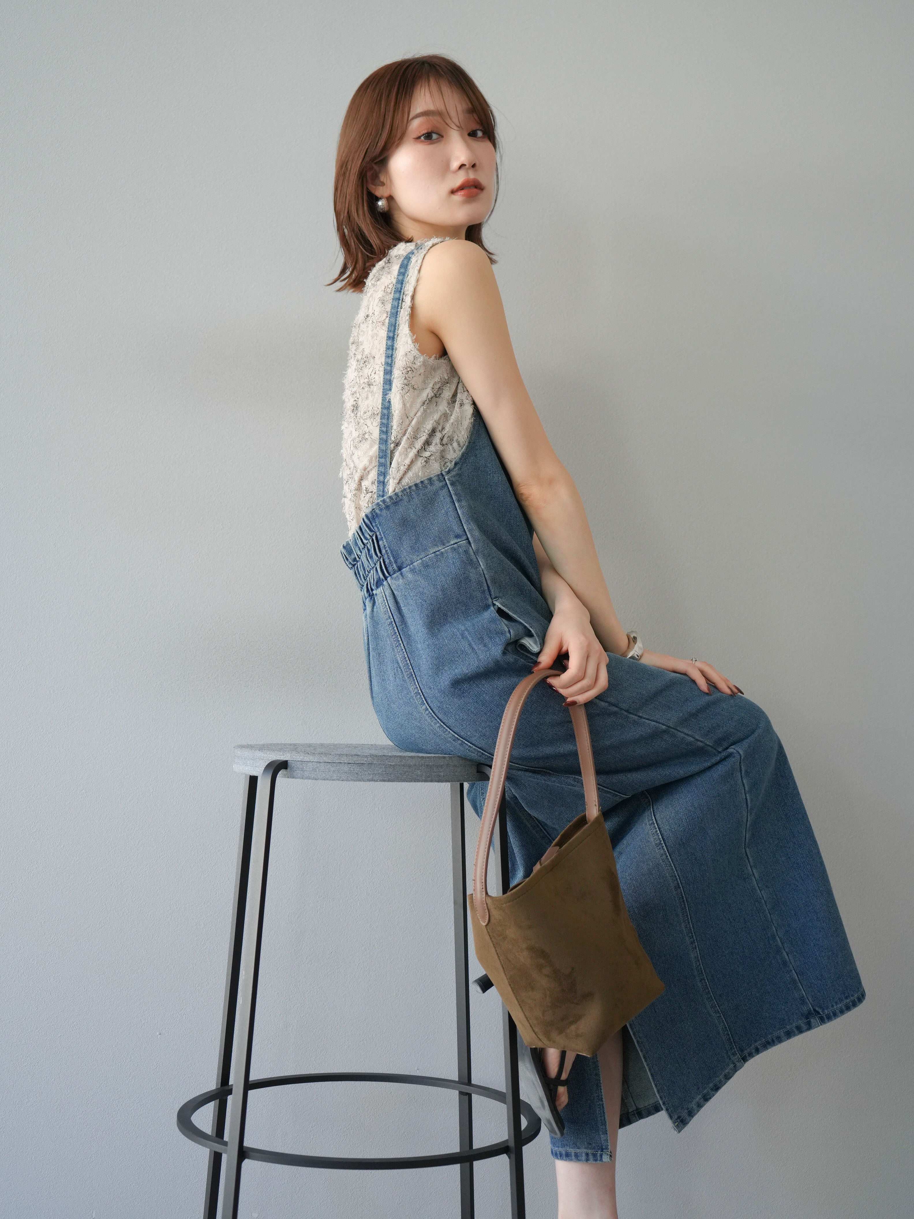 SET]アシンメトリーデニムワンピース+ニュアンスフリンジジャガード