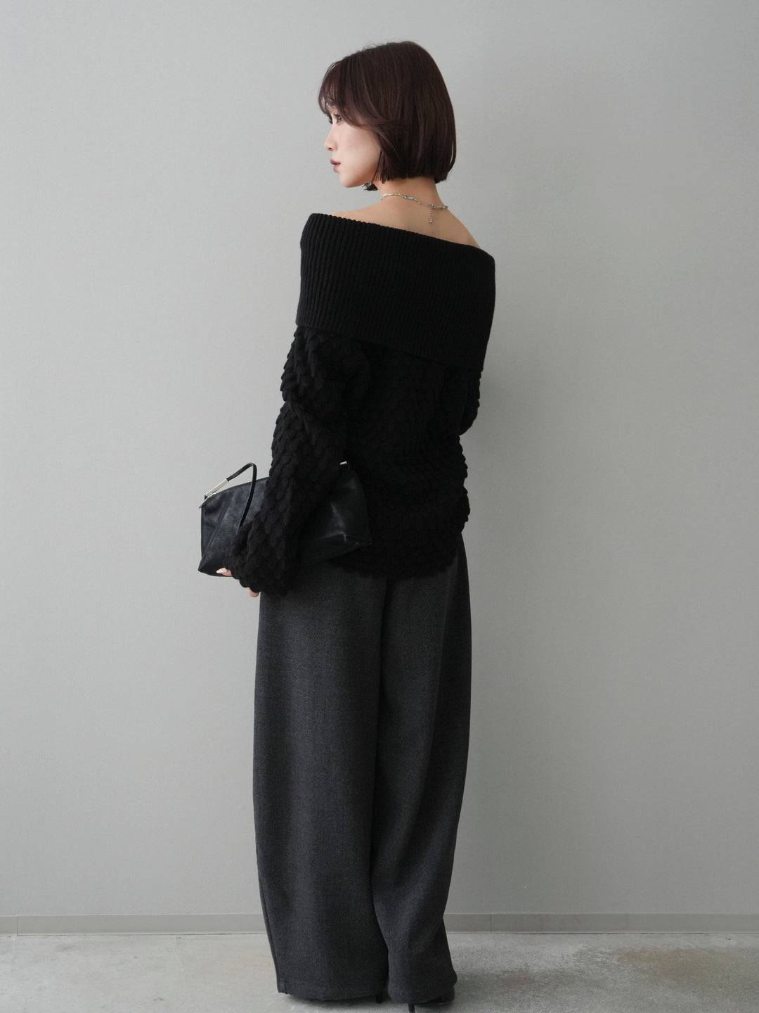 [SET]ポコポコ編みオフショルニットプルオーバー+ベルト付起毛コクーンパンツ(2set)