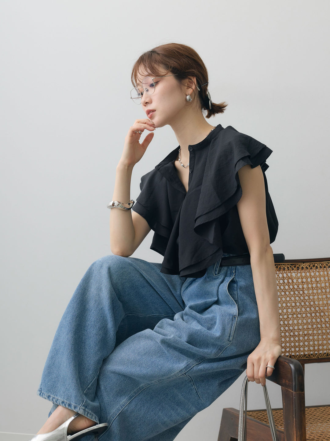 [予約]ラッフルドレープノースリブラウス/black