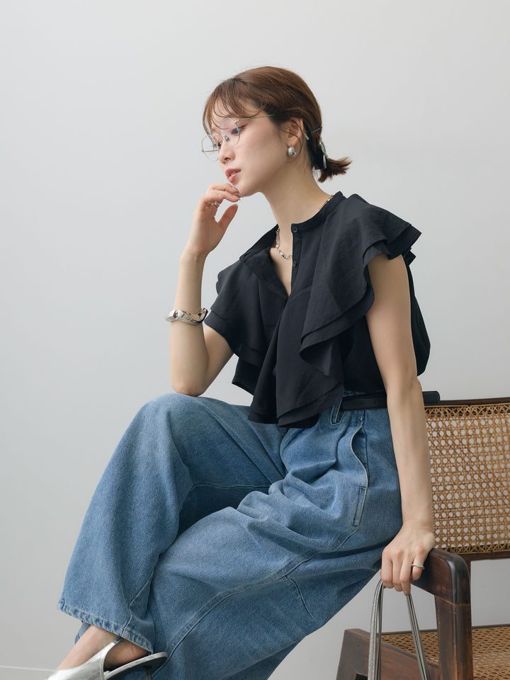 [予約]ラッフルドレープノースリブラウス/black
