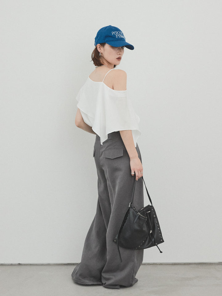 [SET]ワンショルラッフルブラウス+リネンタッチタックワイドパンツ (2set)