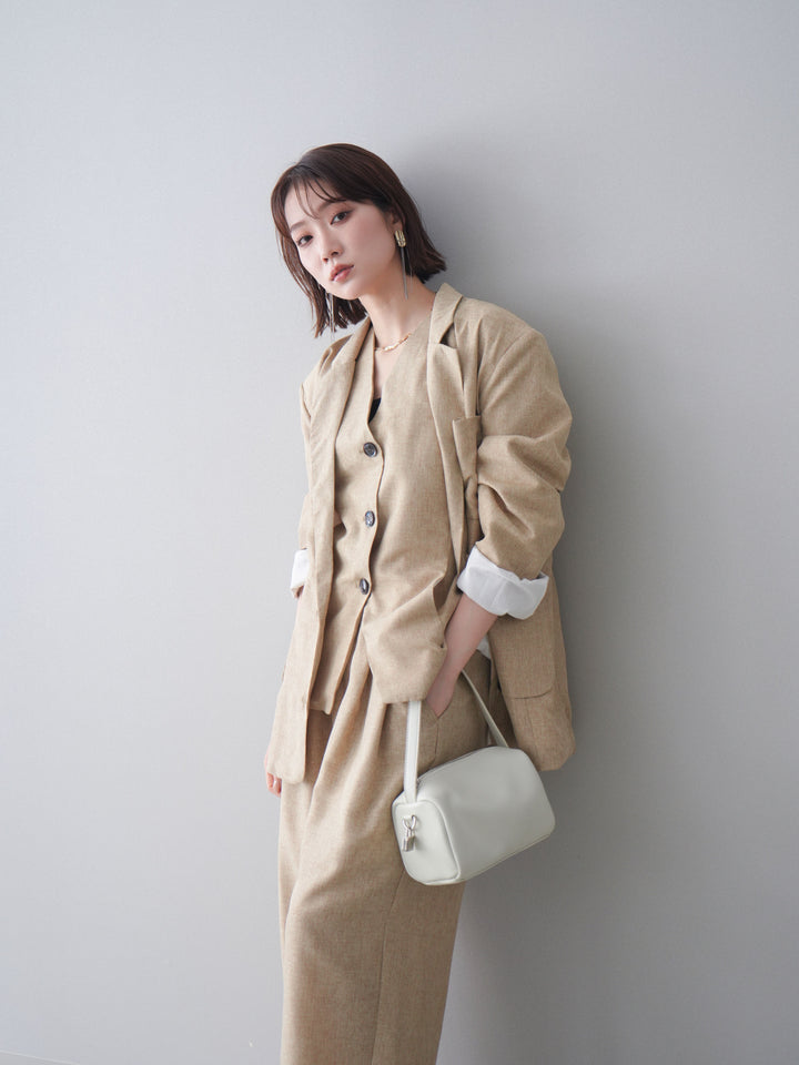 [SET]リネンライクテーラードジャケット+リネンライクバックオープンジレ+リネンライクタックワイドパンツ(3set)