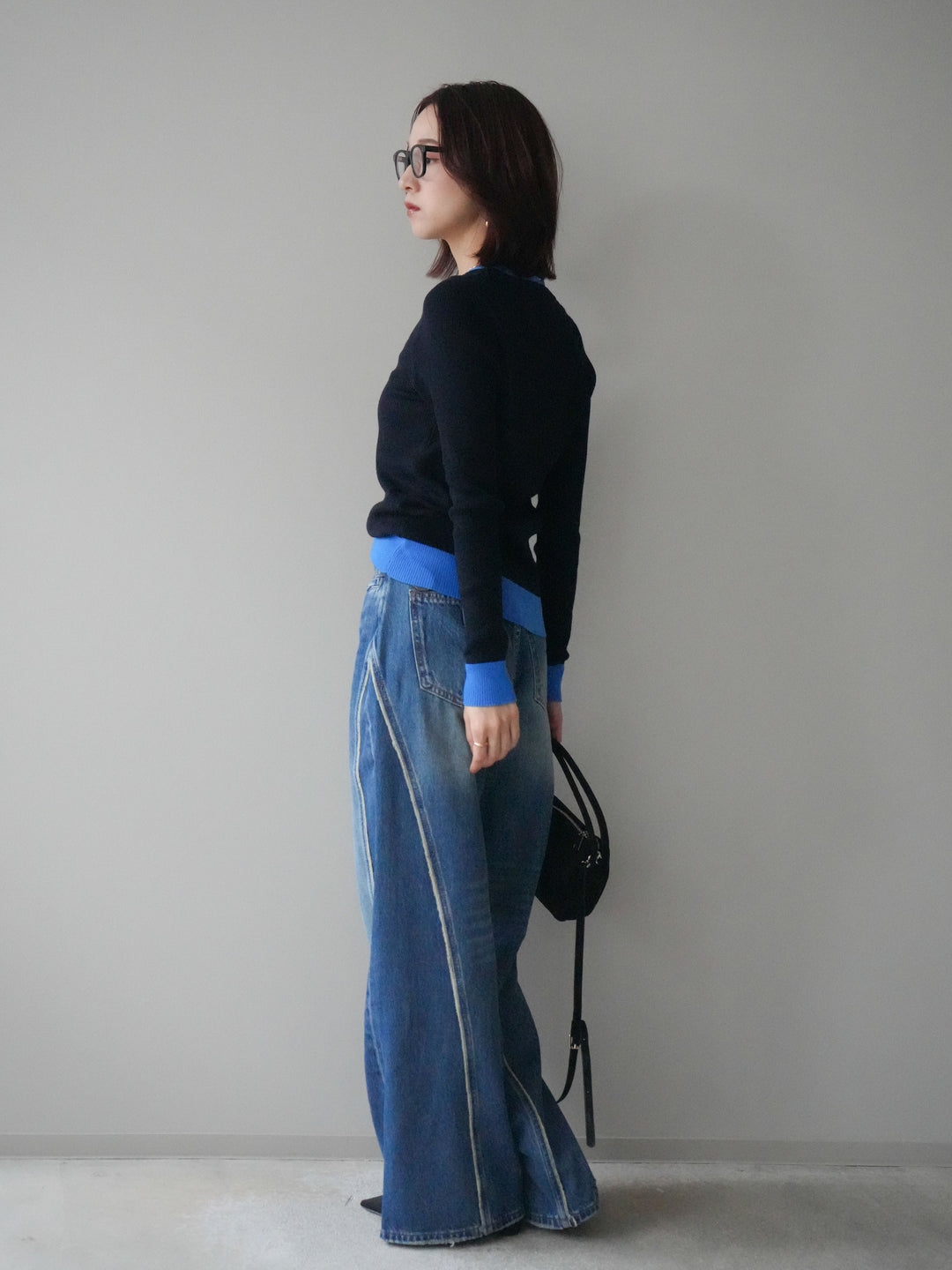 [SET]Uネック配色レイヤードリブニットトップス+サイドフリンジワイドデニムパンツ(2set)