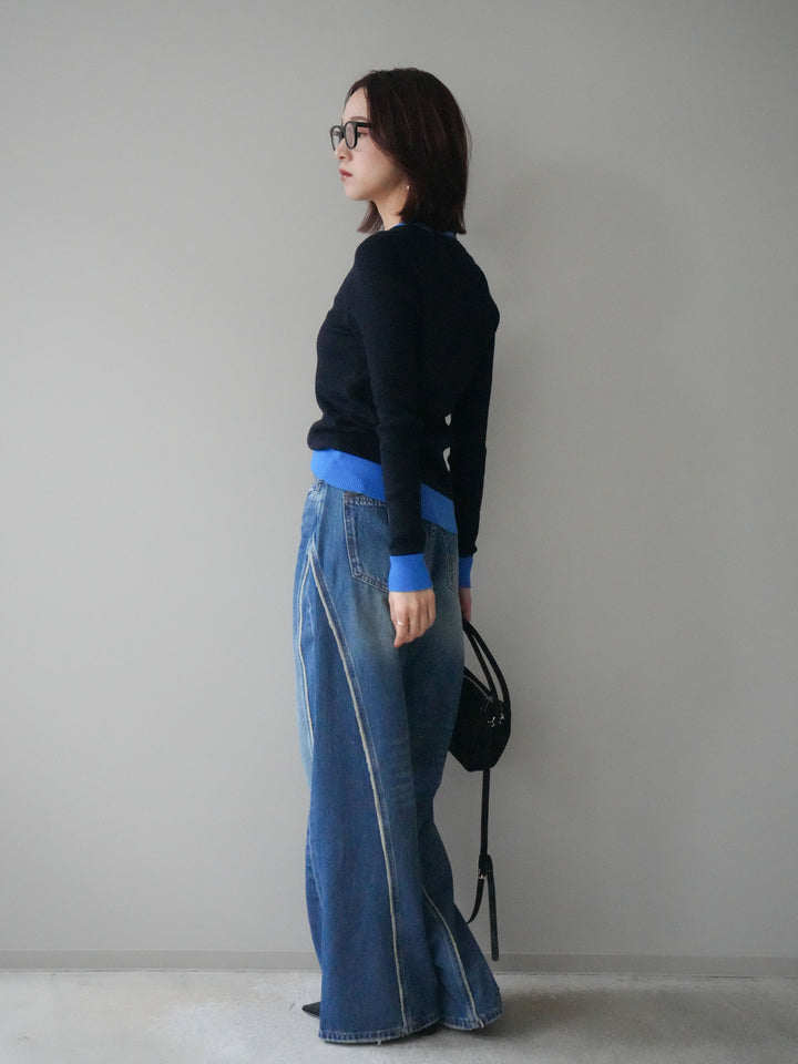 [SET]Uネック配色レイヤードリブニットトップス+サイドフリンジワイドデニムパンツ(2set)