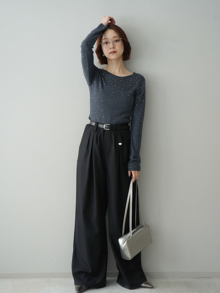 [SET]スパンコールシアーニットトップス+ベルト付キーホルダーモチーフワイドパンツ(2set)