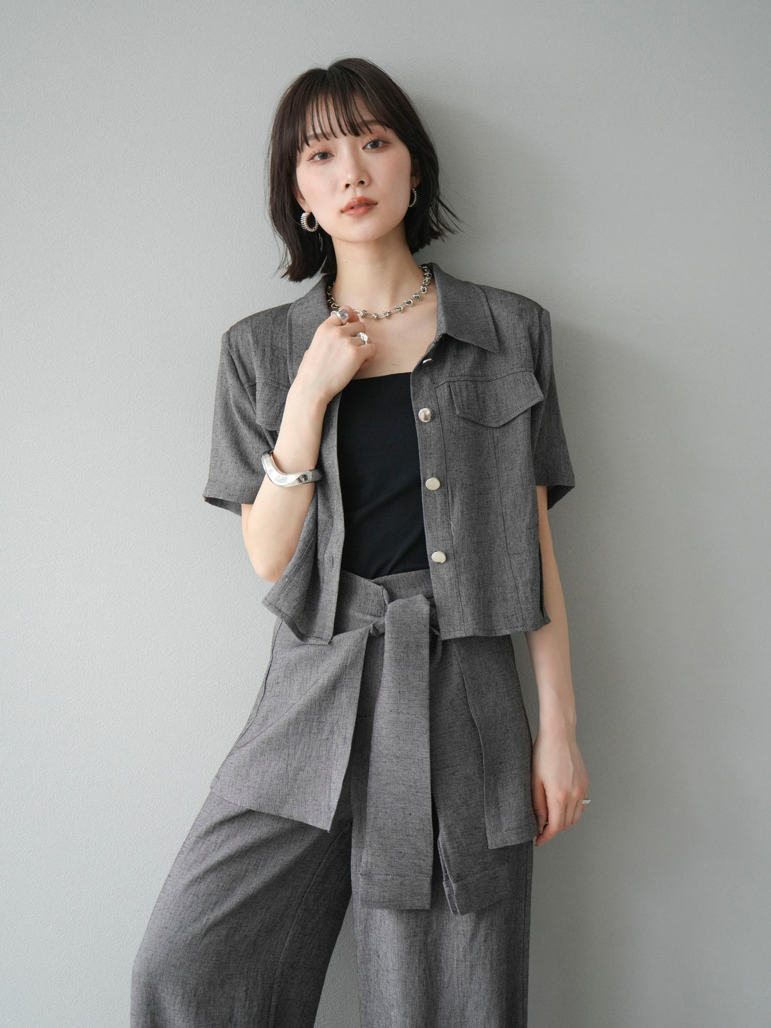 [SET]リネンタッチハーフシャツ＆ラップワイドパンツSET UP(2set)