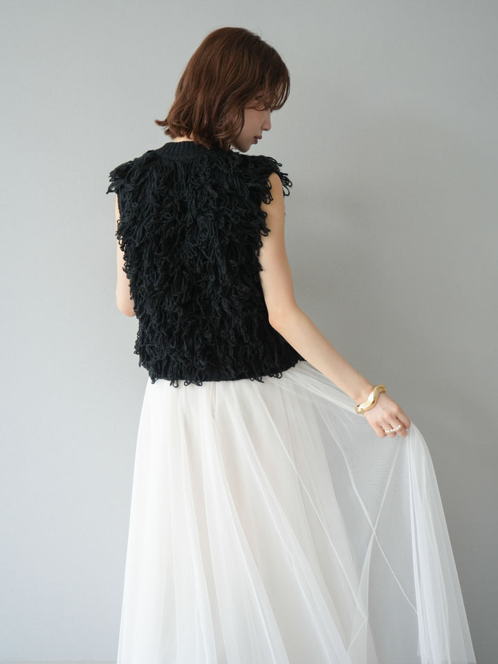 [SET] 前開衩針織背心 + 薄紗蓬鬆裙 (2 件套)