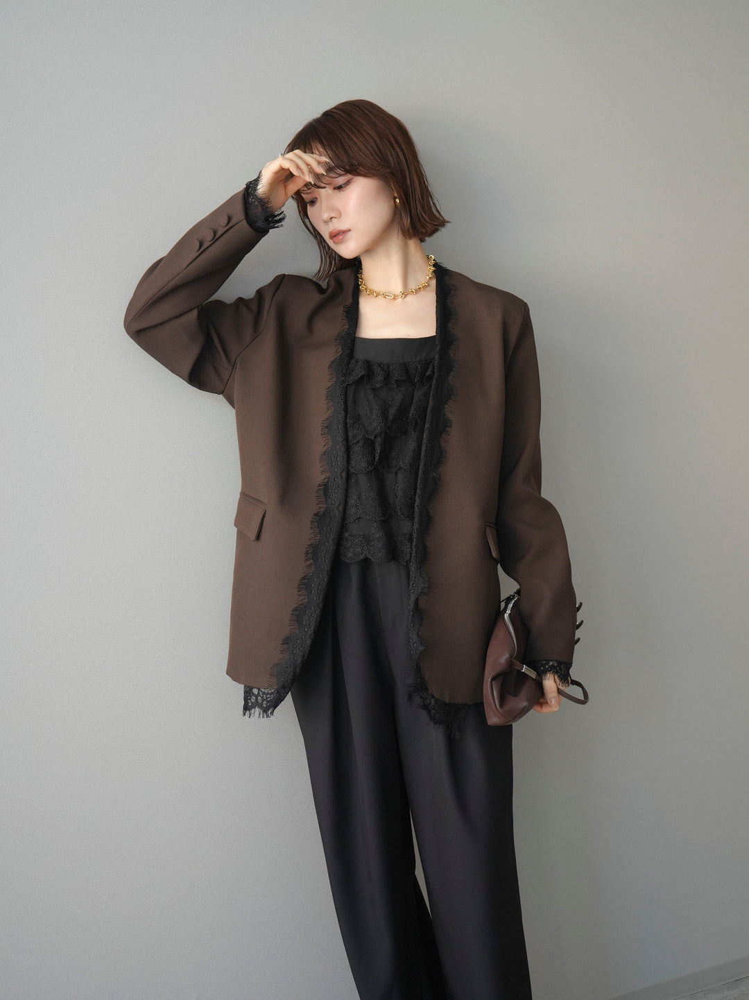 [SET]ノーカラーレースジャケット+スカラップレースフリルキャミソール(2set)