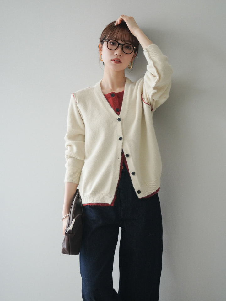 [SET]配色レイヤードニットカーディガン+選べるアクセセット(2set)
