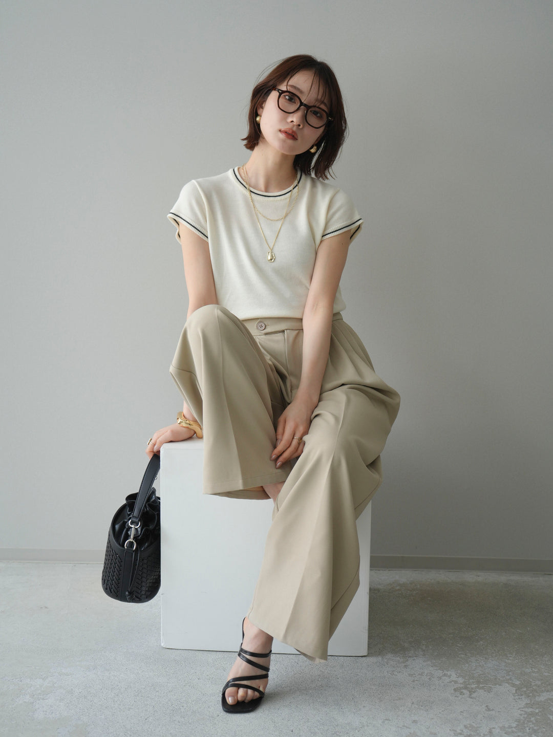 [SET]配色ハーフスリーブニットトップス+メニータックワイドパンツ(2set)