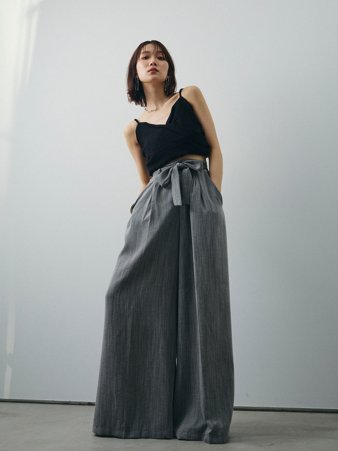 [SET]リネンライクカシュクールデザインビスチェ+リネンライクウエストリボンワイドパンツ(2set)
