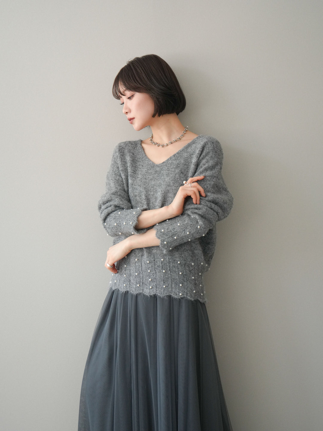 [SET]パールフリルリブヘムニットプルオーバー+選べるアクセセット(2set)