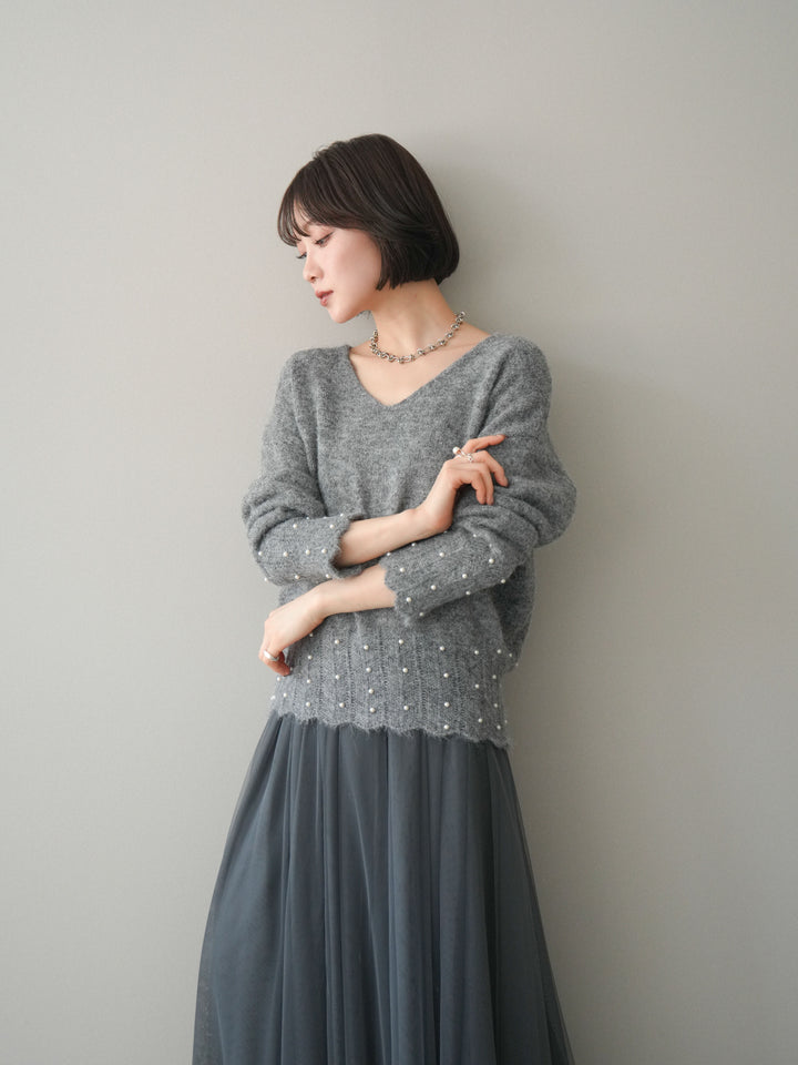 [SET]パールフリルリブヘムニットプルオーバー+選べるアクセセット(2set)